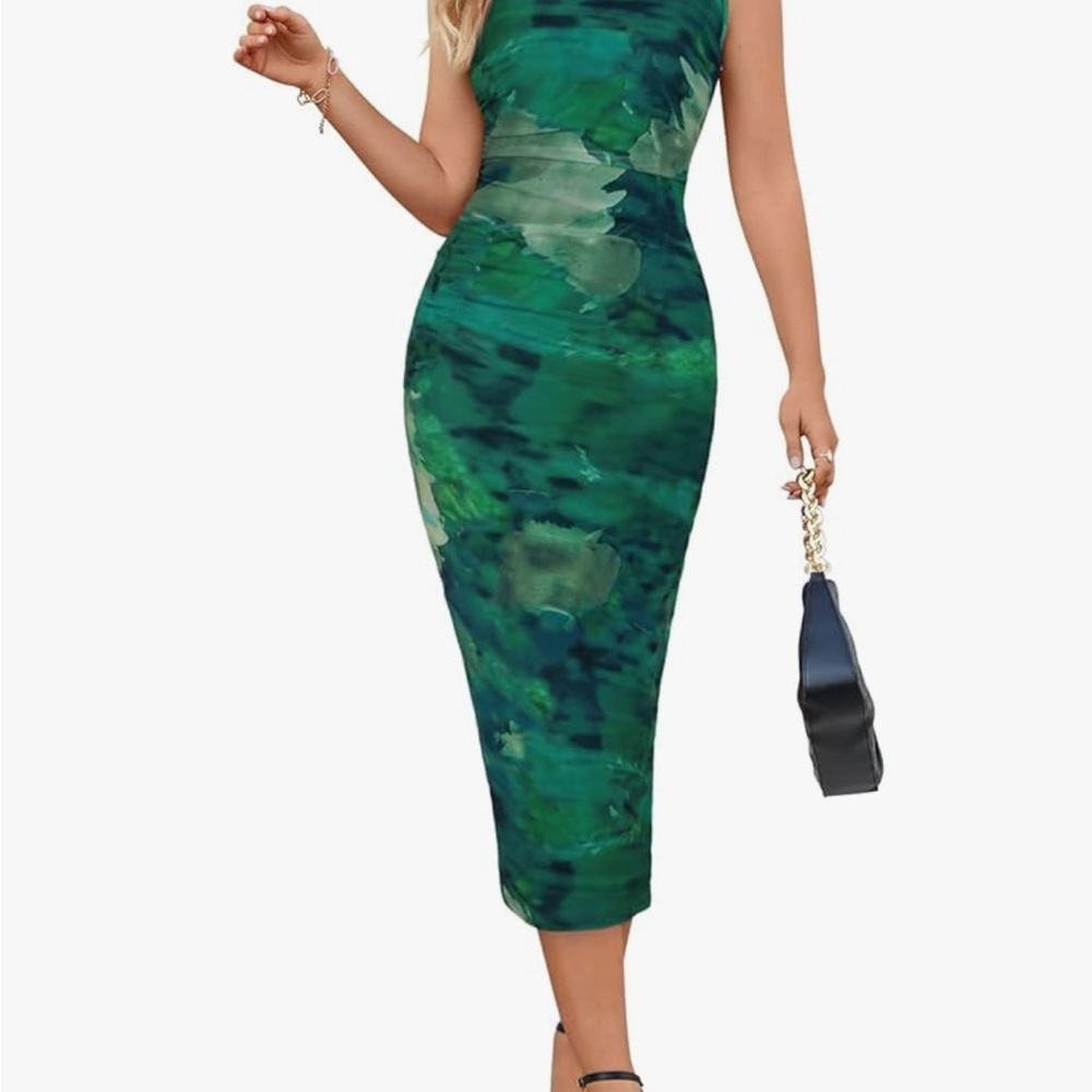 Women's Summer Bodycon Tie Dye Dress Sleeveless Crew Neck Mesh